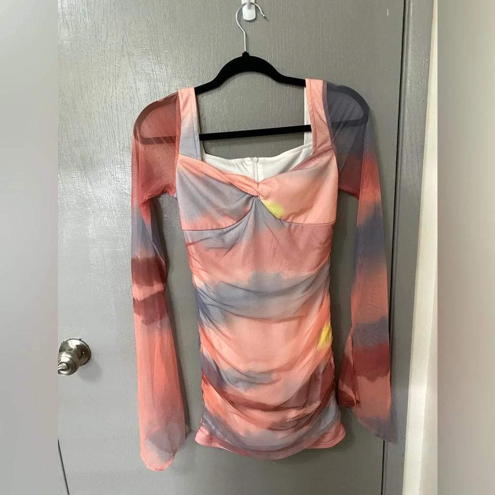 Long Sleeve Ruched Multicolour Mini Dress - Picture 7 of 9